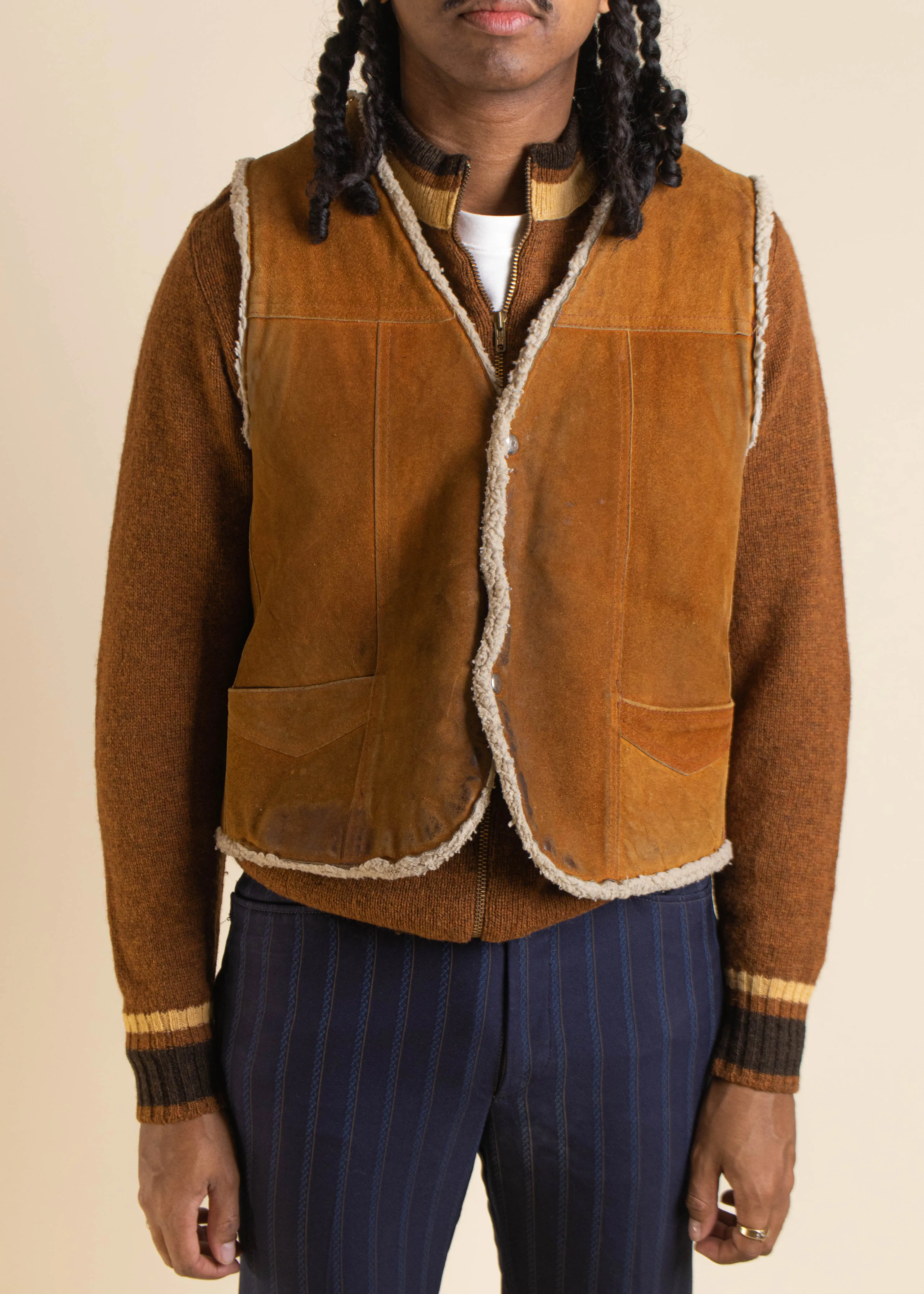 1970s Genuine Leather Sherpa Lined Suede Vest Size L/XL