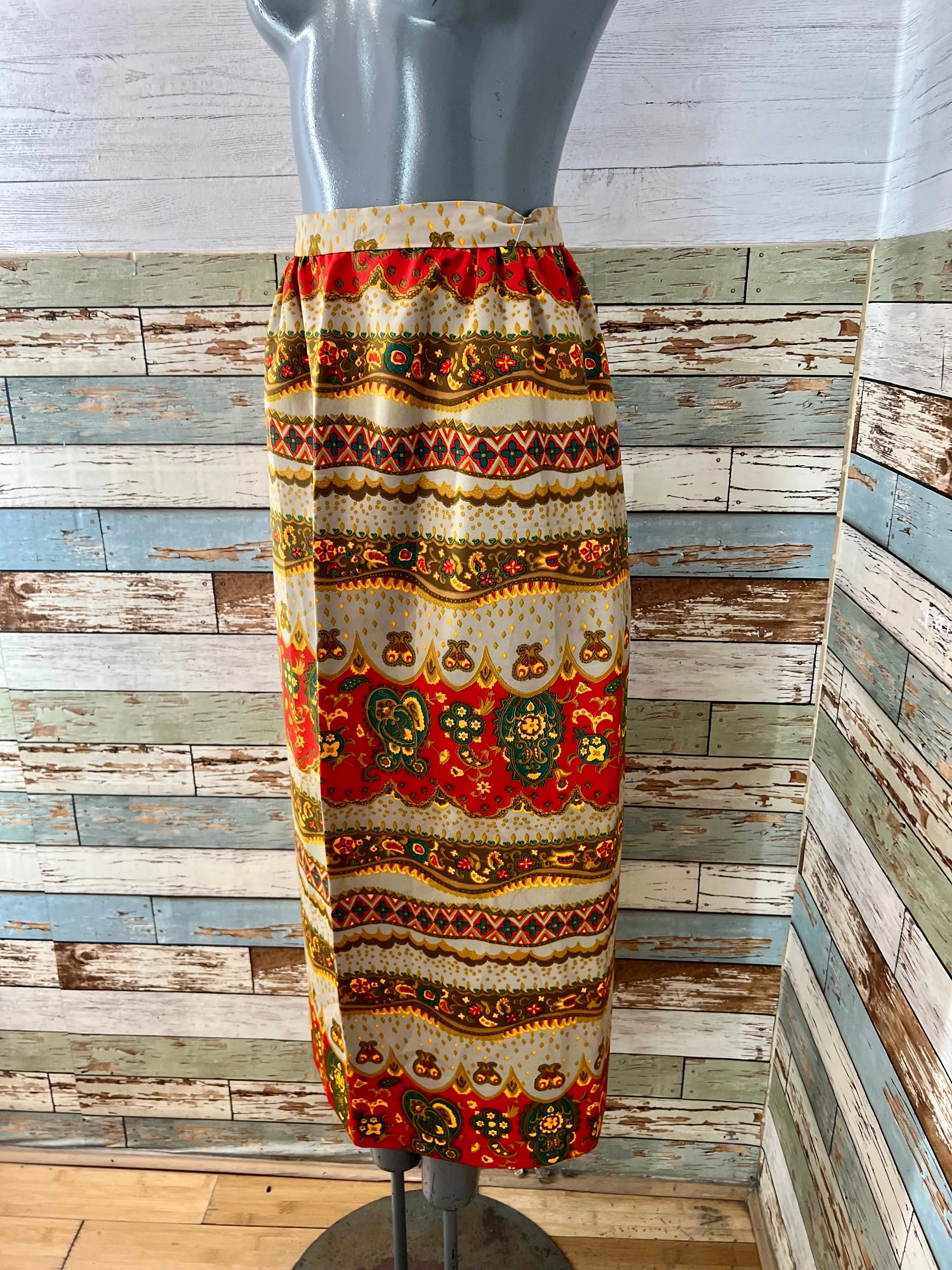 70’s Sand And Orange Multicolor Print Maxi Skirt