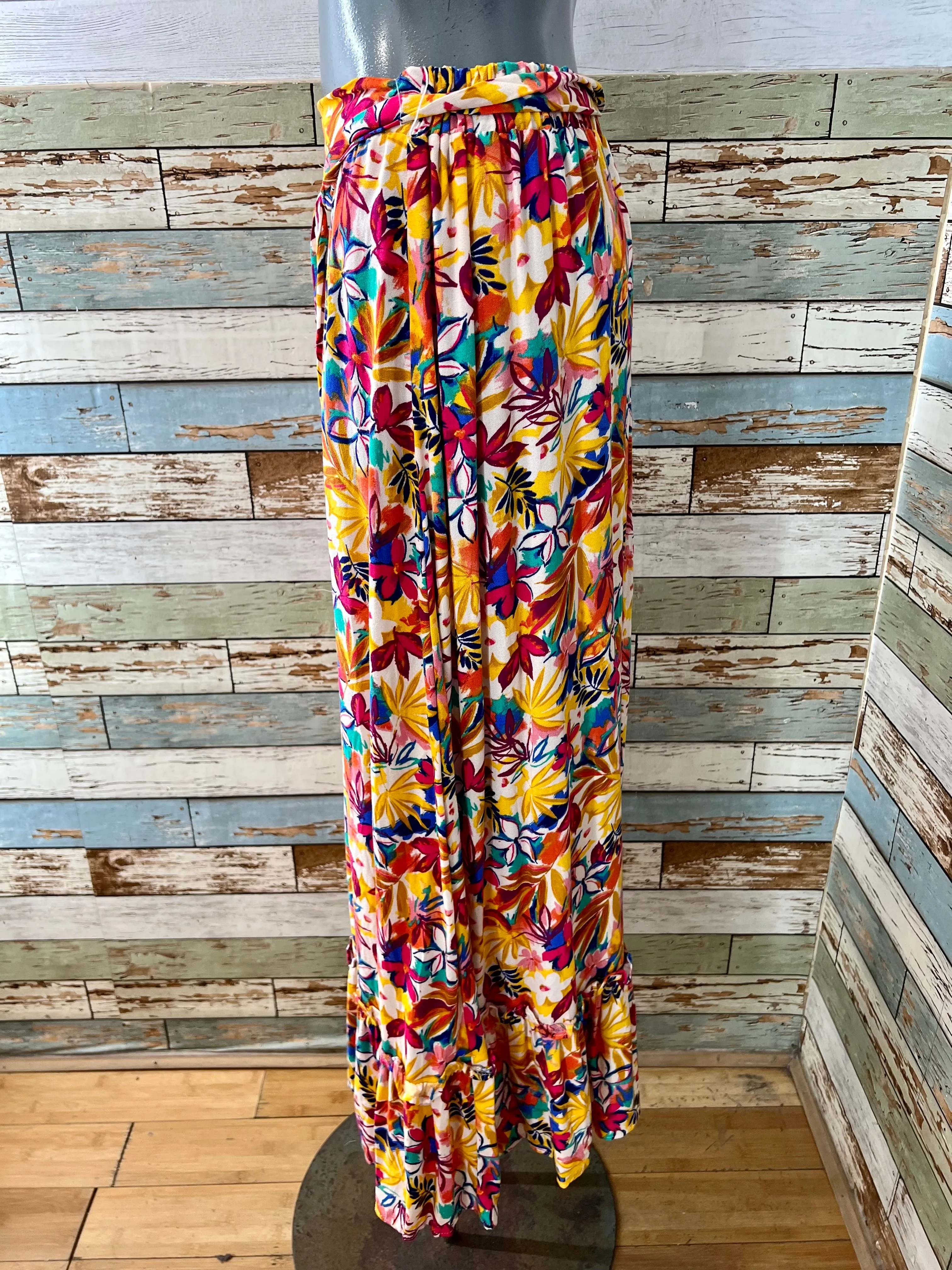 90’s Yellow a Multicolor Tropical Flower Print Skirt