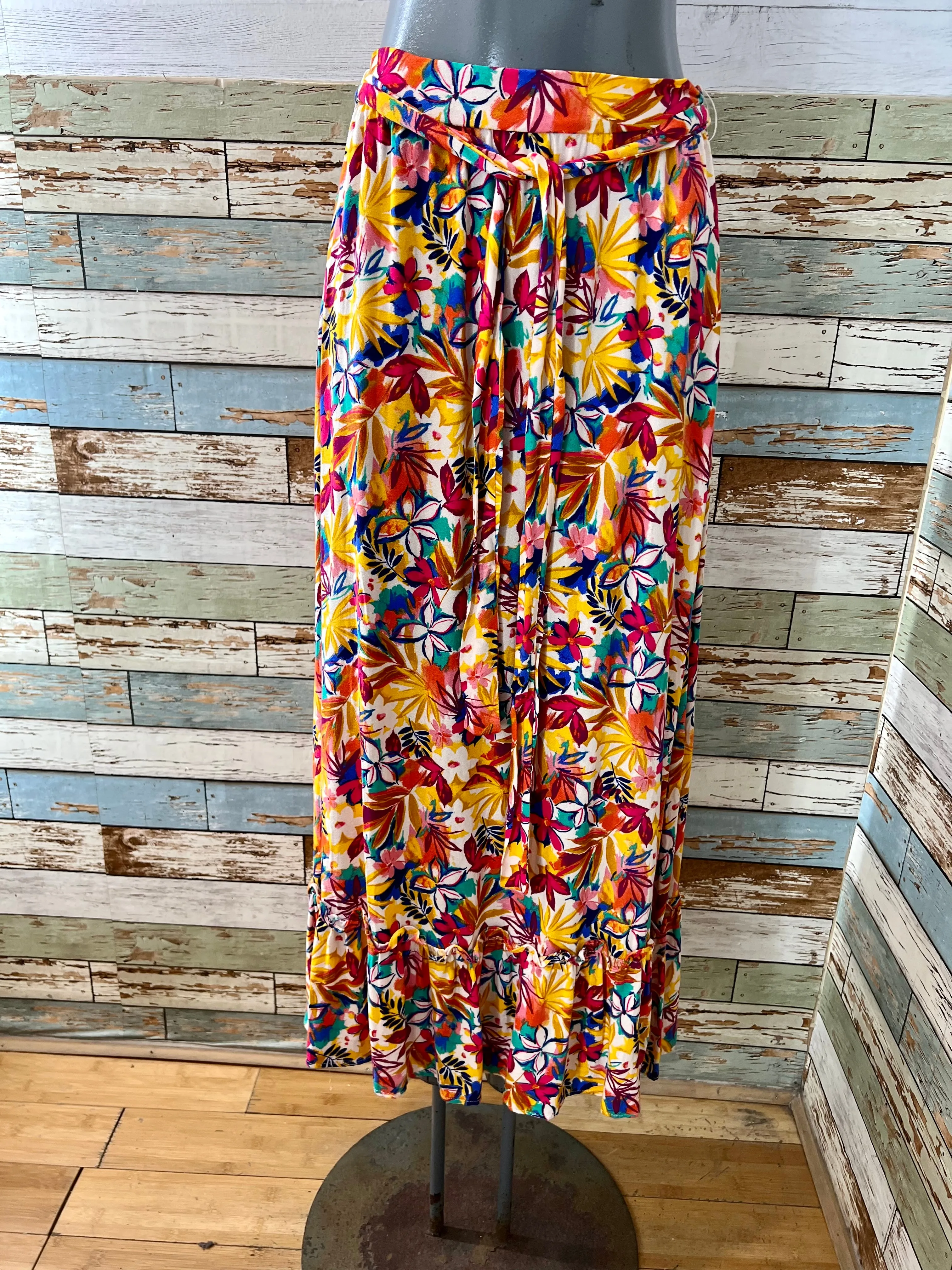 90’s Yellow a Multicolor Tropical Flower Print Skirt