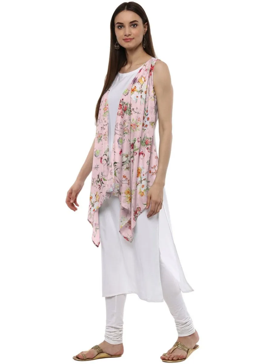 Ahalyaa White & Pink Floral Scarf Cape Attached Straight Kurta