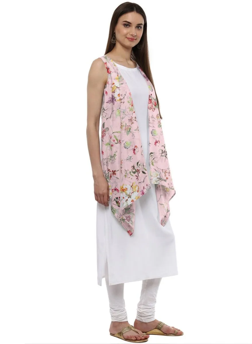 Ahalyaa White & Pink Floral Scarf Cape Attached Straight Kurta