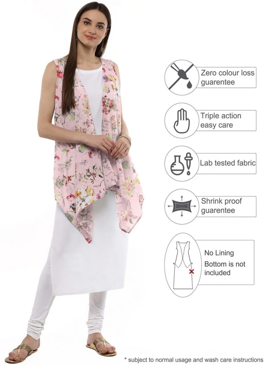 Ahalyaa White & Pink Floral Scarf Cape Attached Straight Kurta