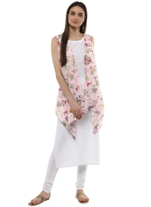 Ahalyaa White & Pink Floral Scarf Cape Attached Straight Kurta