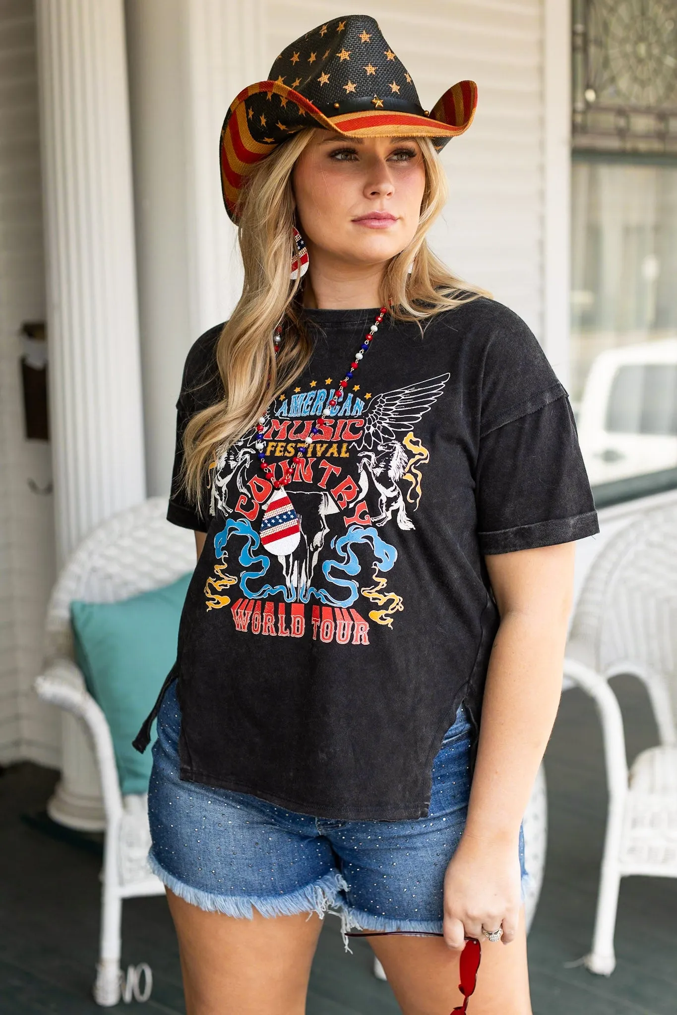 'American Music Festival' on Black Side Slit Crop with Raw Stitching