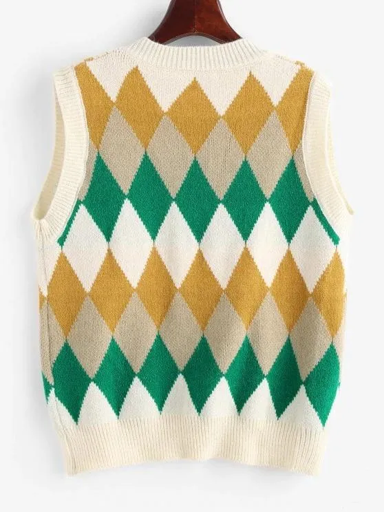 Argyle Knitted Preppy Sweater Vest for Women