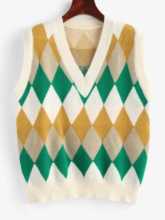 Argyle Knitted Preppy Sweater Vest for Women