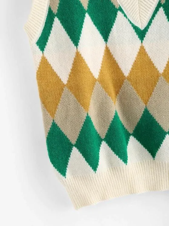 Argyle Knitted Preppy Sweater Vest for Women