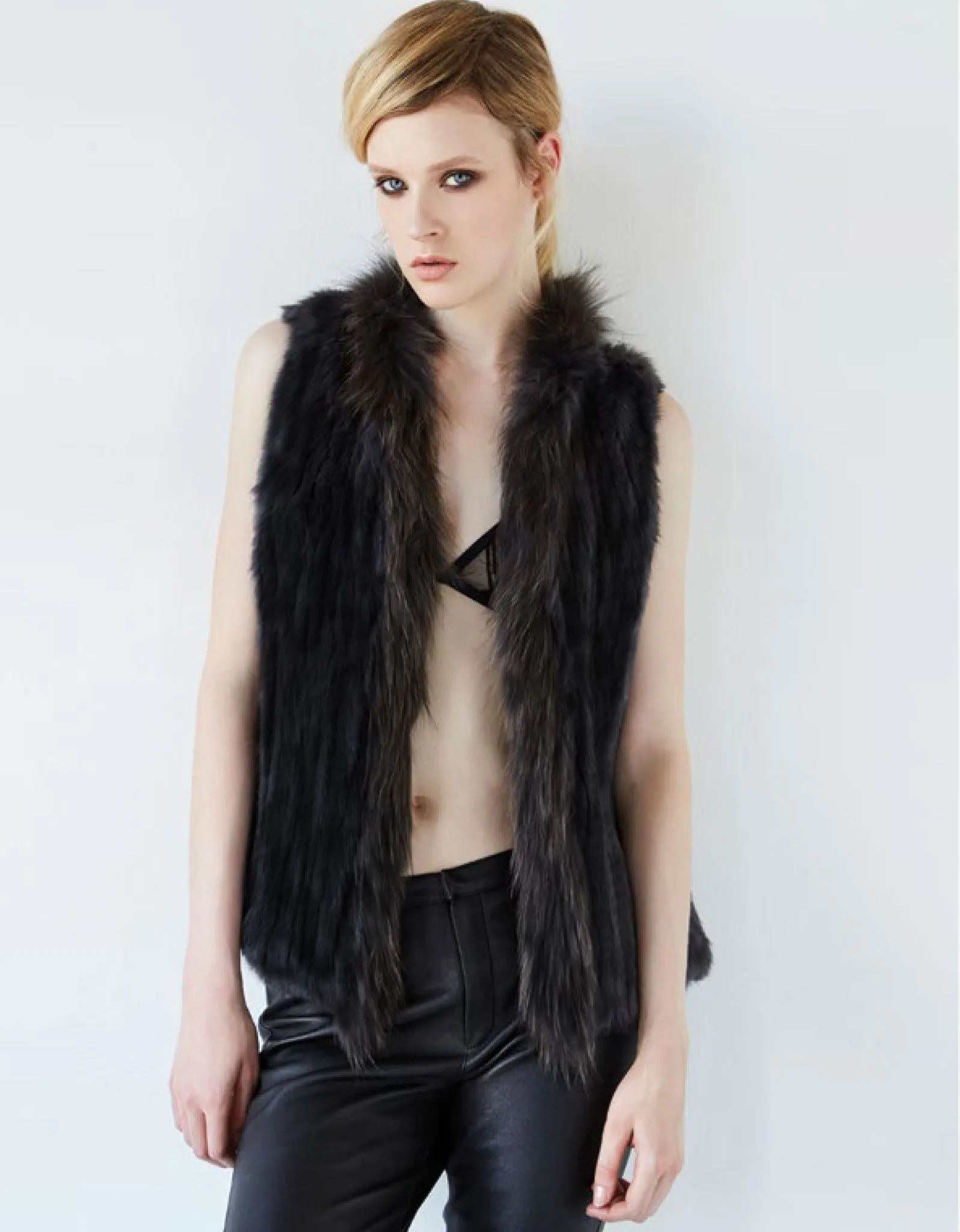 Arielle Short Collared Fur Vest in Black