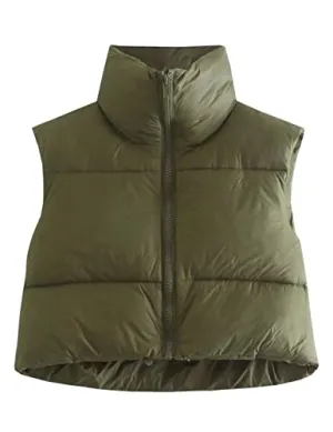 Athlisan Womens Cropped Puffer Vest Zip Up Stand Collar Sleeveless Padded Crop Vests(ArmyGreen-XS)