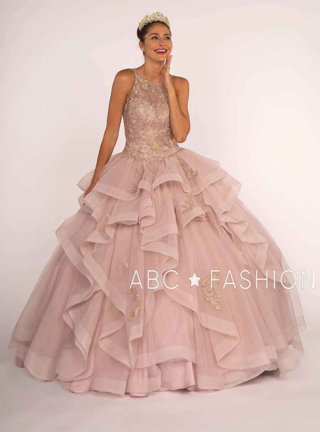 Beaded Illusion Ball Gown with Layered Skirt by Elizabeth K GL2513