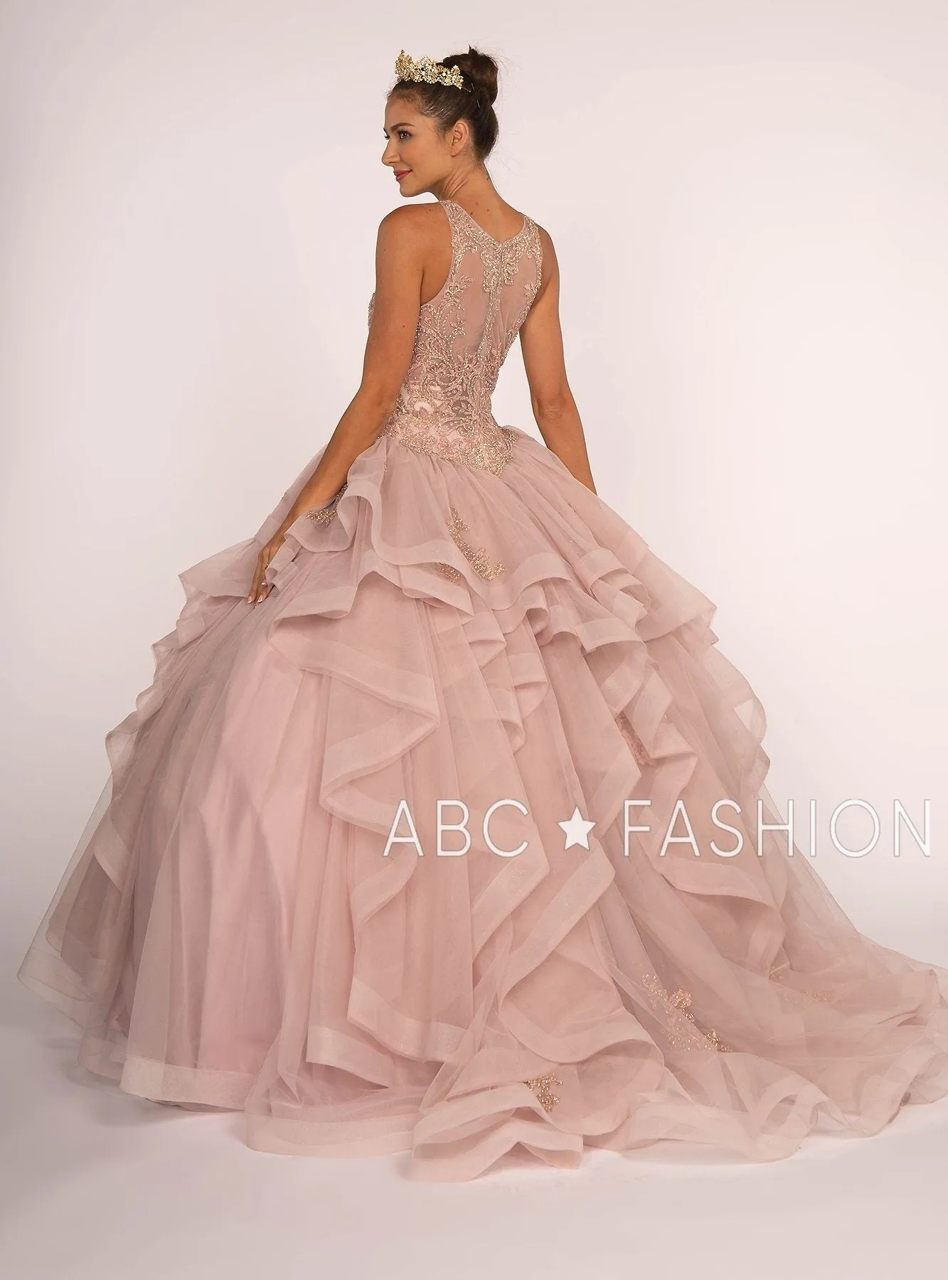 Beaded Illusion Ball Gown with Layered Skirt by Elizabeth K GL2513