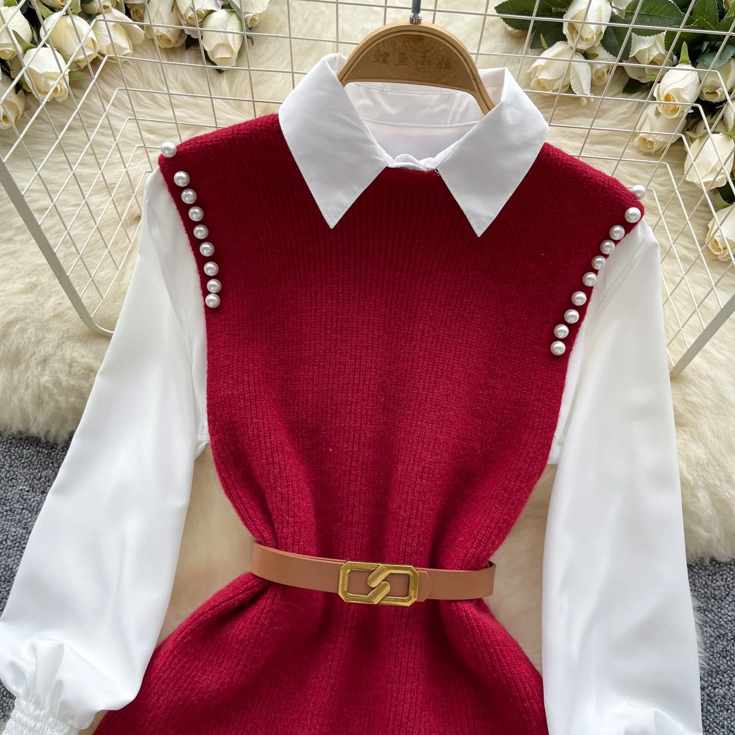 Beaded Knitted Vest&White Shirt 2Pcs