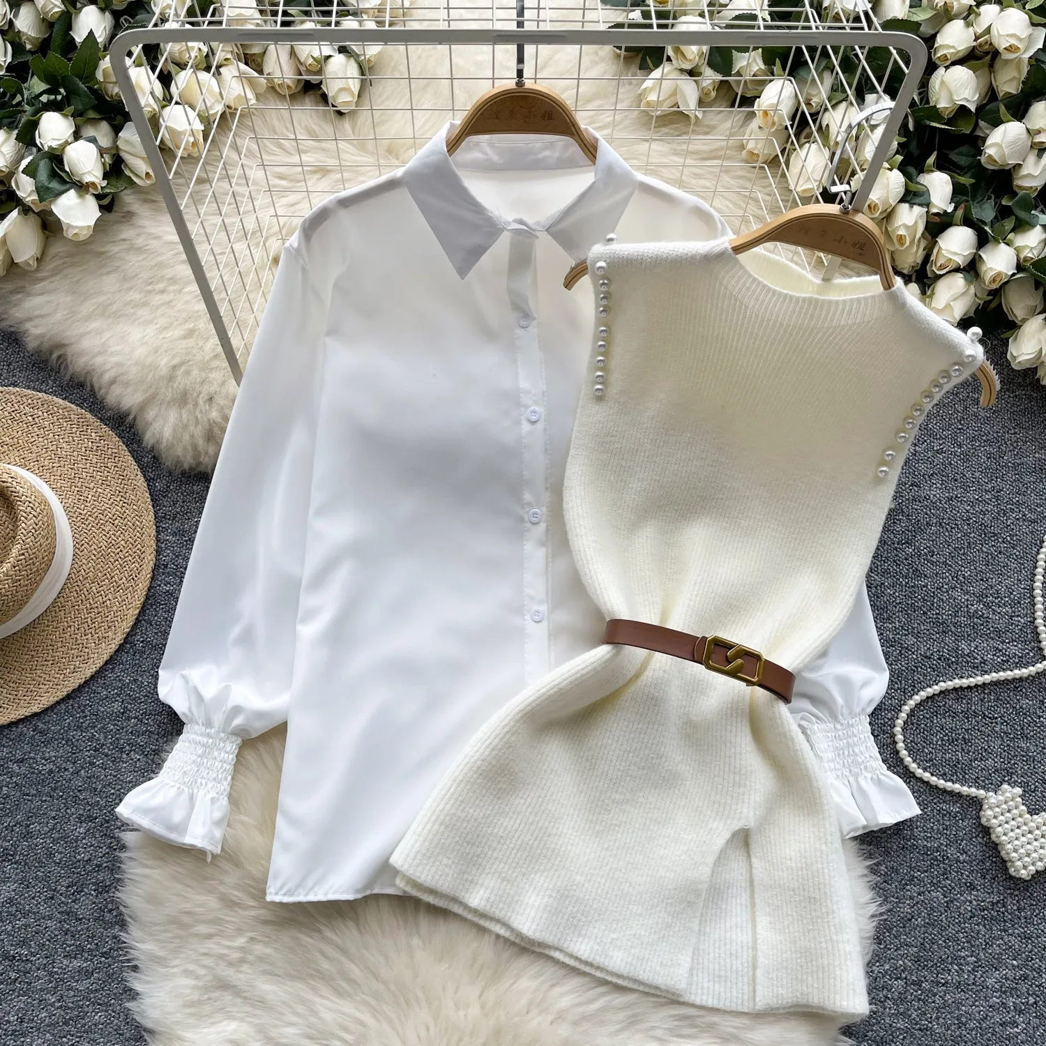 Beaded Knitted Vest&White Shirt 2Pcs