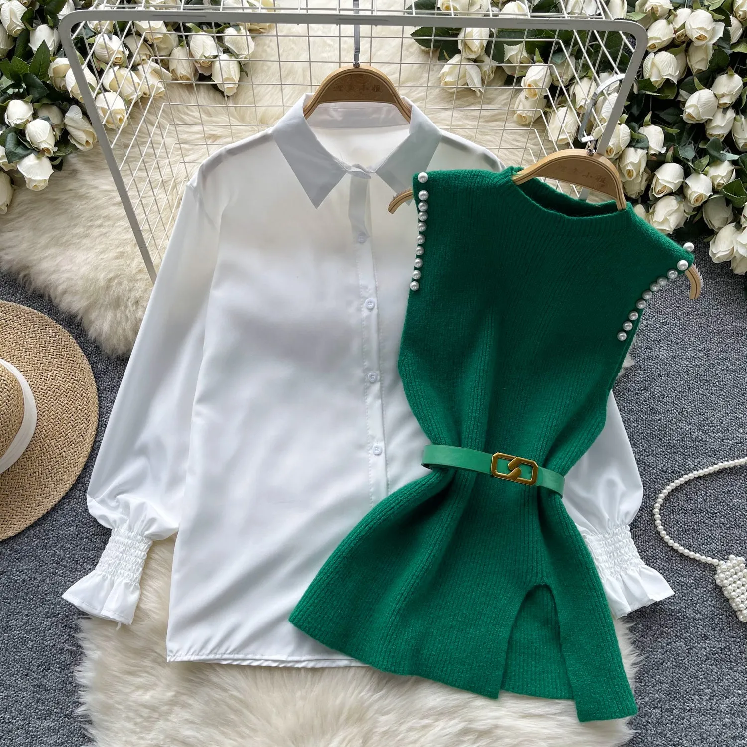 Beaded Knitted Vest&White Shirt 2Pcs