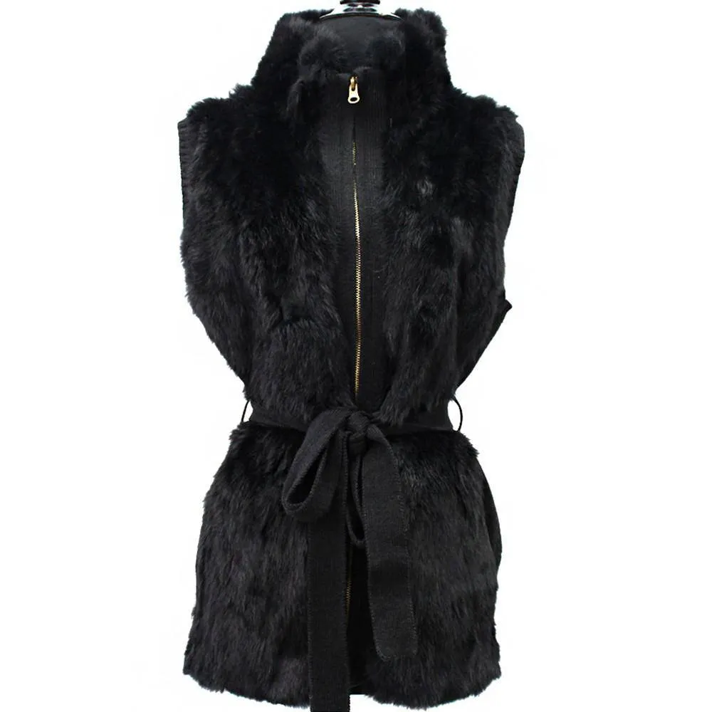 Belted Rabbit Fur Front Vest-Black