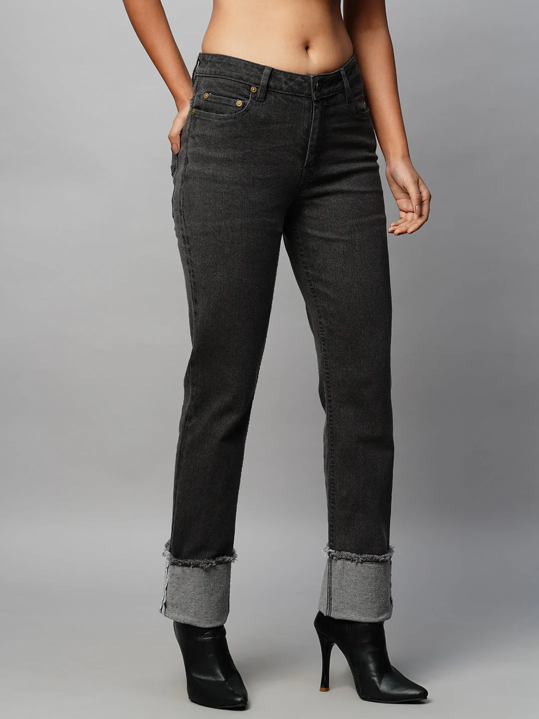 Black Denim Mid Rise Straight Leg Jeans W/ Turn Up Cuffs