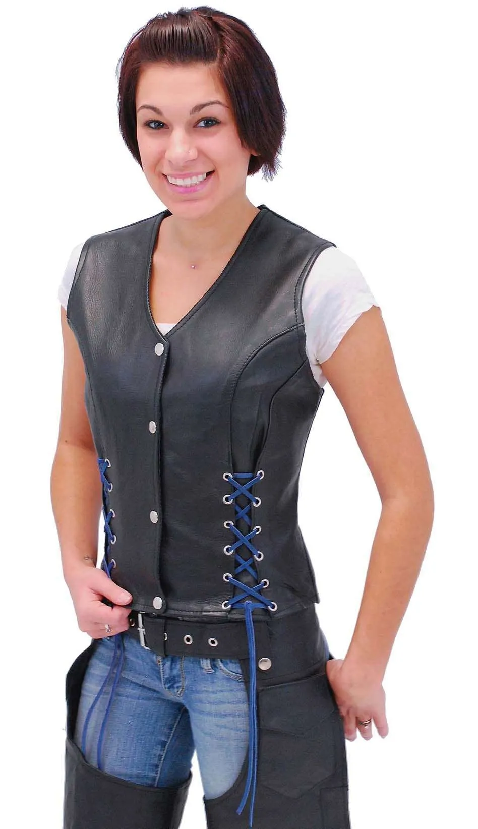 Black Leather Vest w/Custom Color Corset Lacing #VL2687LLK ()