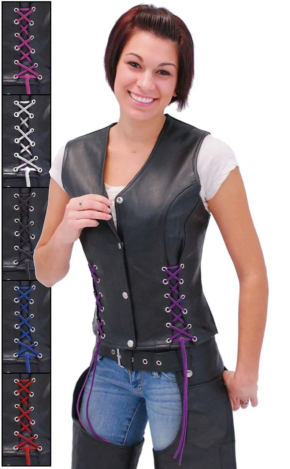 Black Leather Vest w/Custom Color Corset Lacing #VL2687LLK ()