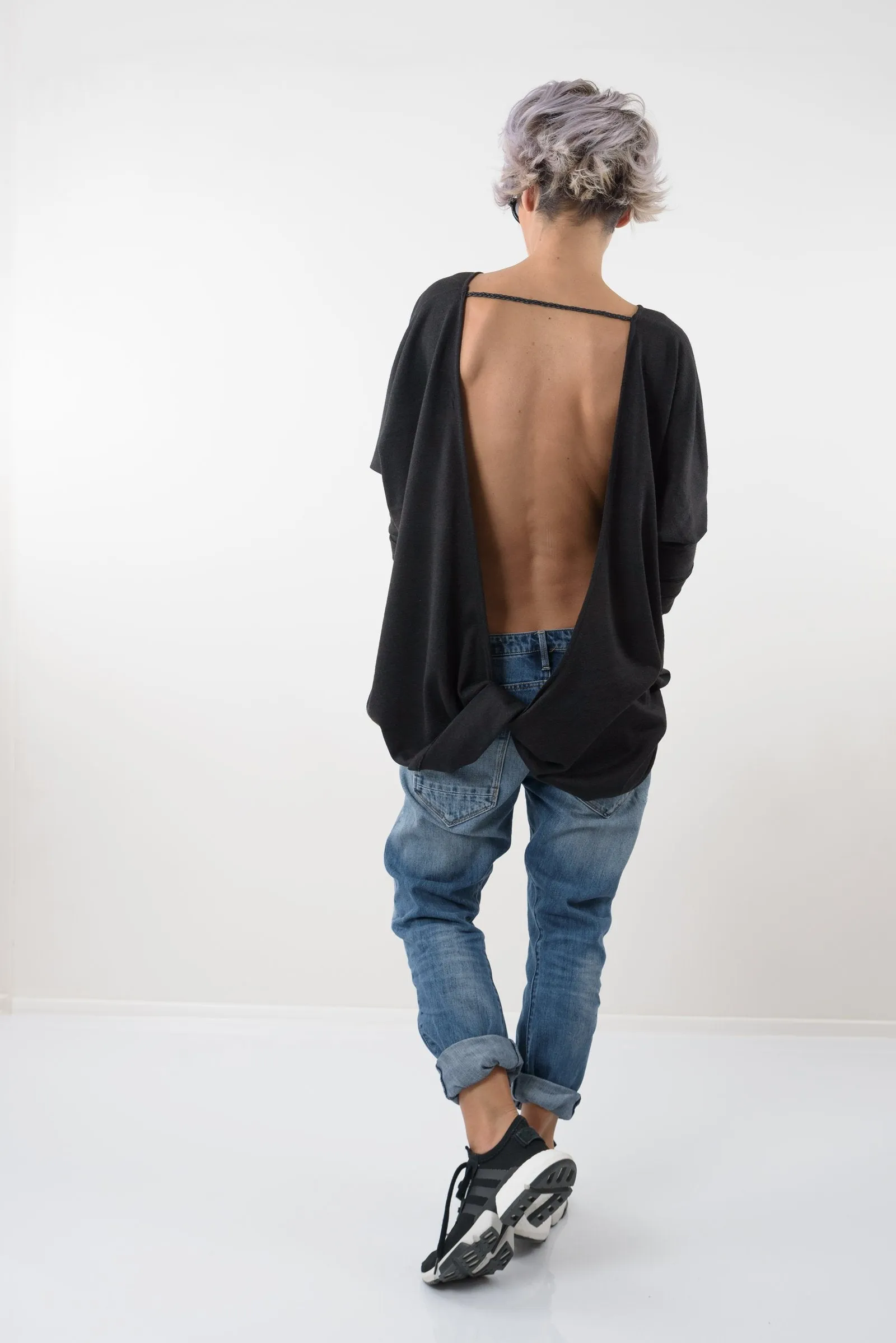 Black Oversize Asymmetric Knitted Open Back Blouse