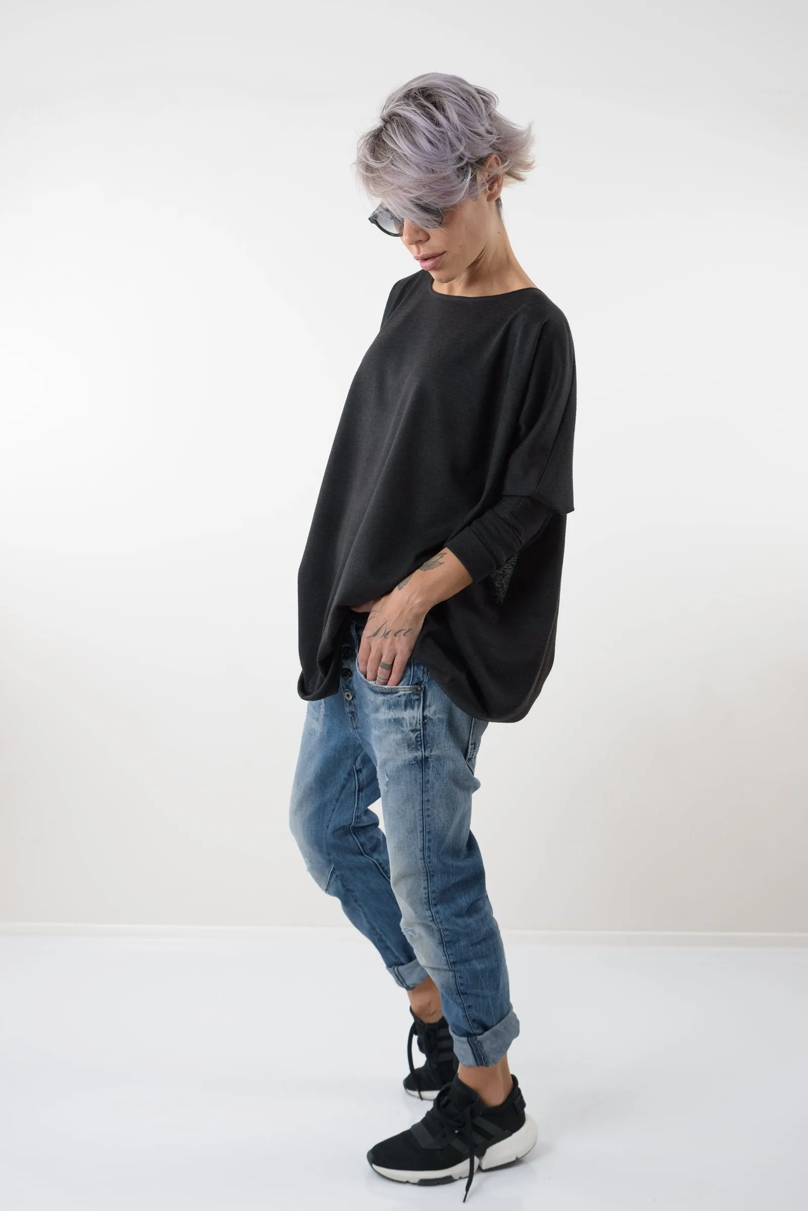 Black Oversize Asymmetric Knitted Open Back Blouse