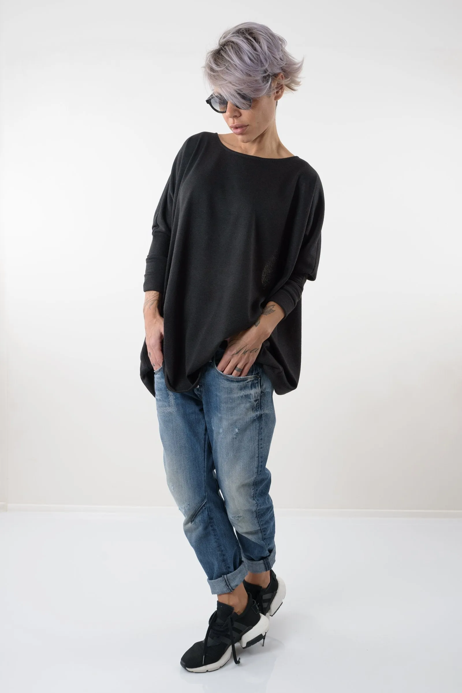 Black Oversize Asymmetric Knitted Open Back Blouse