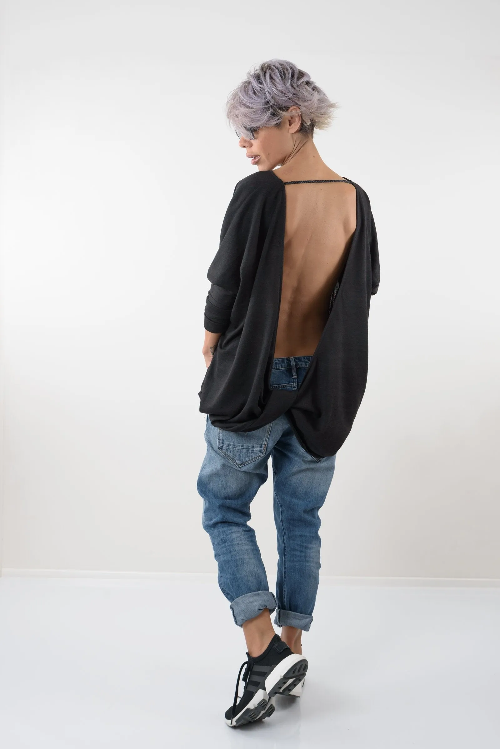 Black Oversize Asymmetric Knitted Open Back Blouse