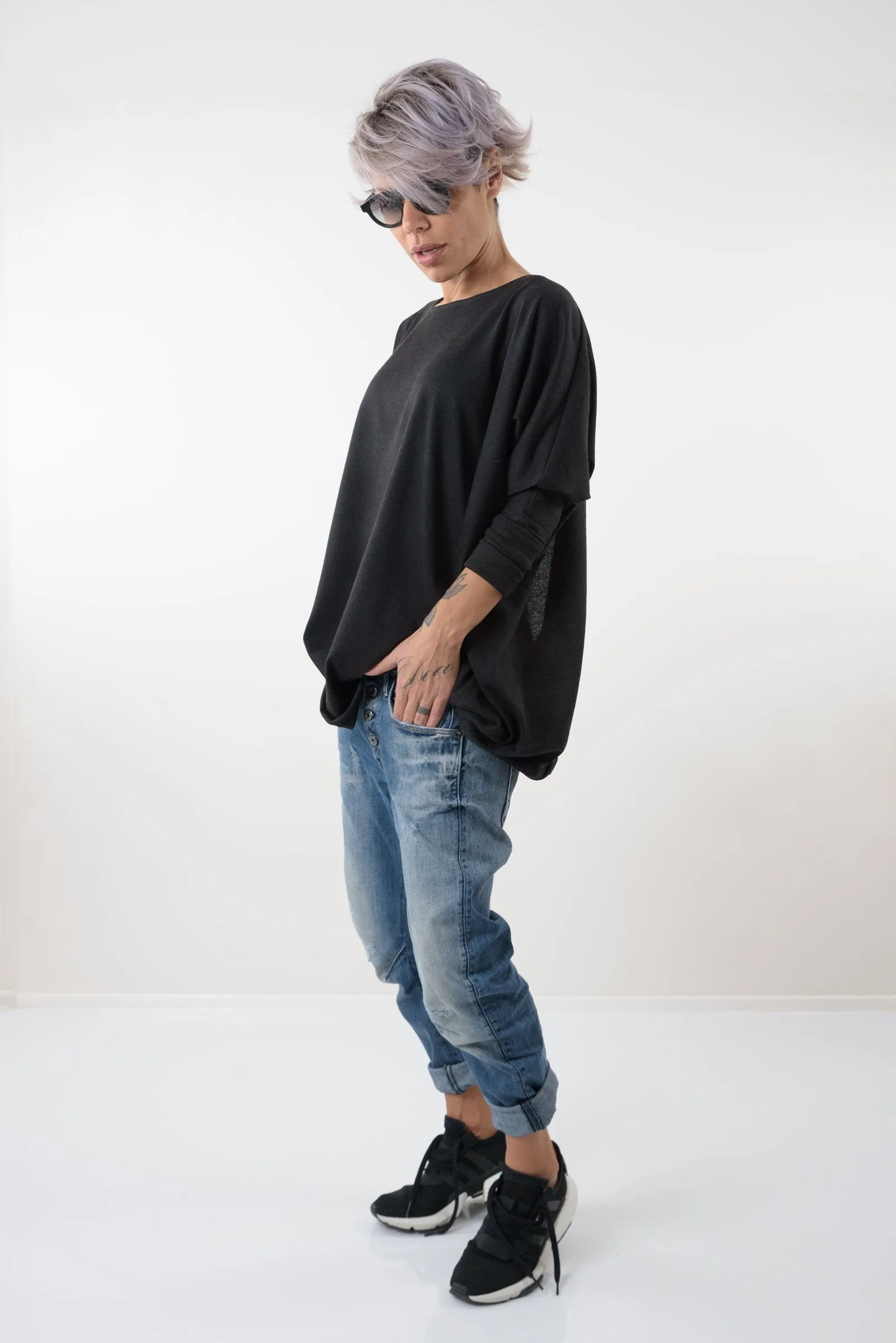 Black Oversize Asymmetric Knitted Open Back Blouse