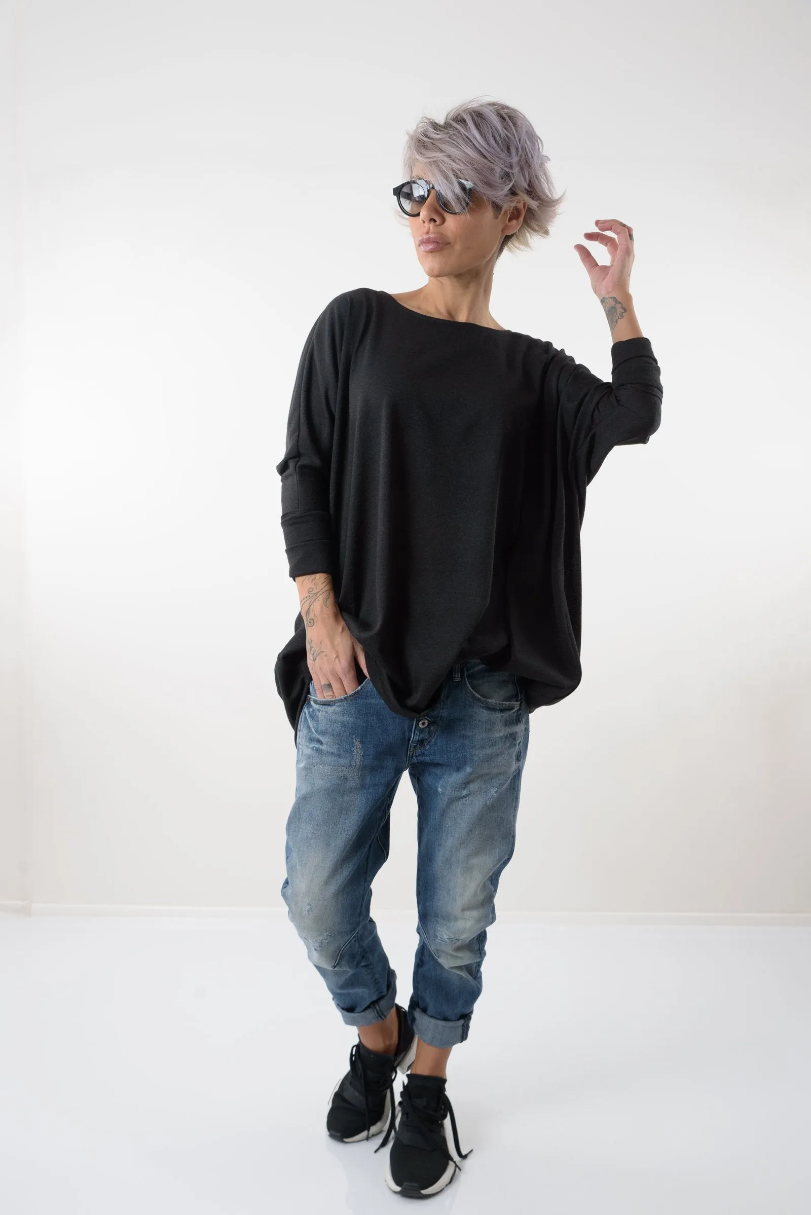 Black Oversize Asymmetric Knitted Open Back Blouse