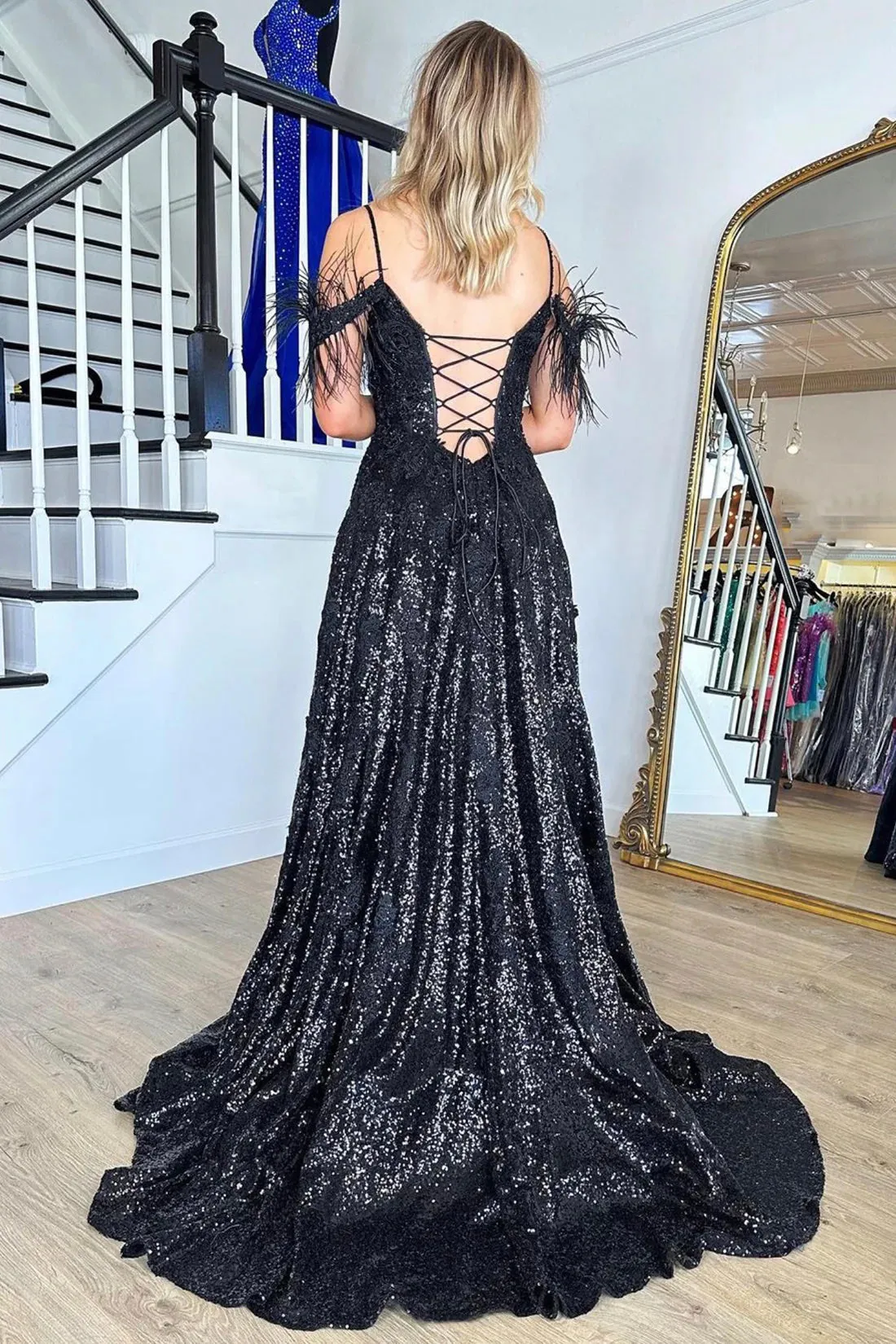 Black Sequins Lace Long Prom Dress, Black Spaghetti Strap Backless Evening Dress