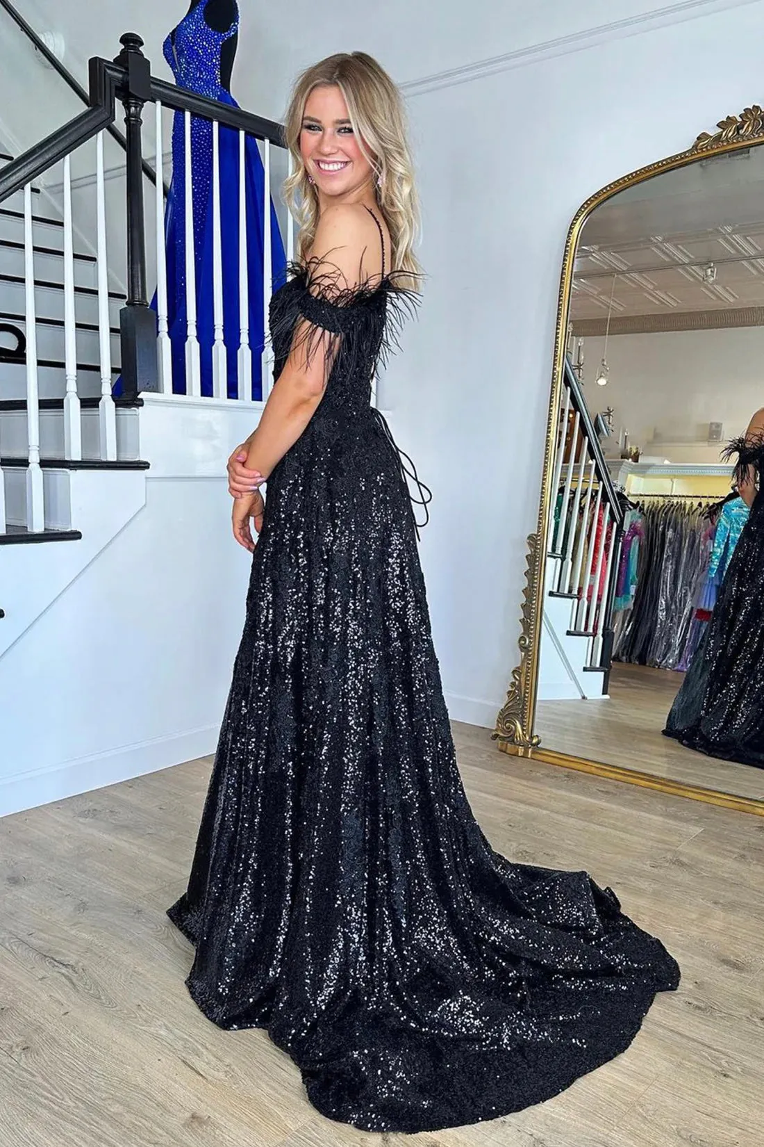 Black Sequins Lace Long Prom Dress, Black Spaghetti Strap Backless Evening Dress