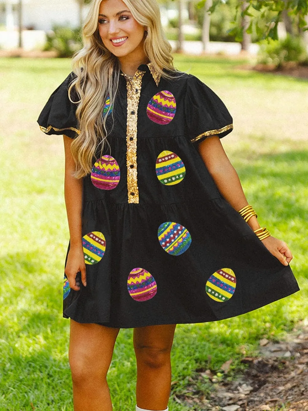 Black Sparkling Easter Egg Sequin Detail Mini Dress