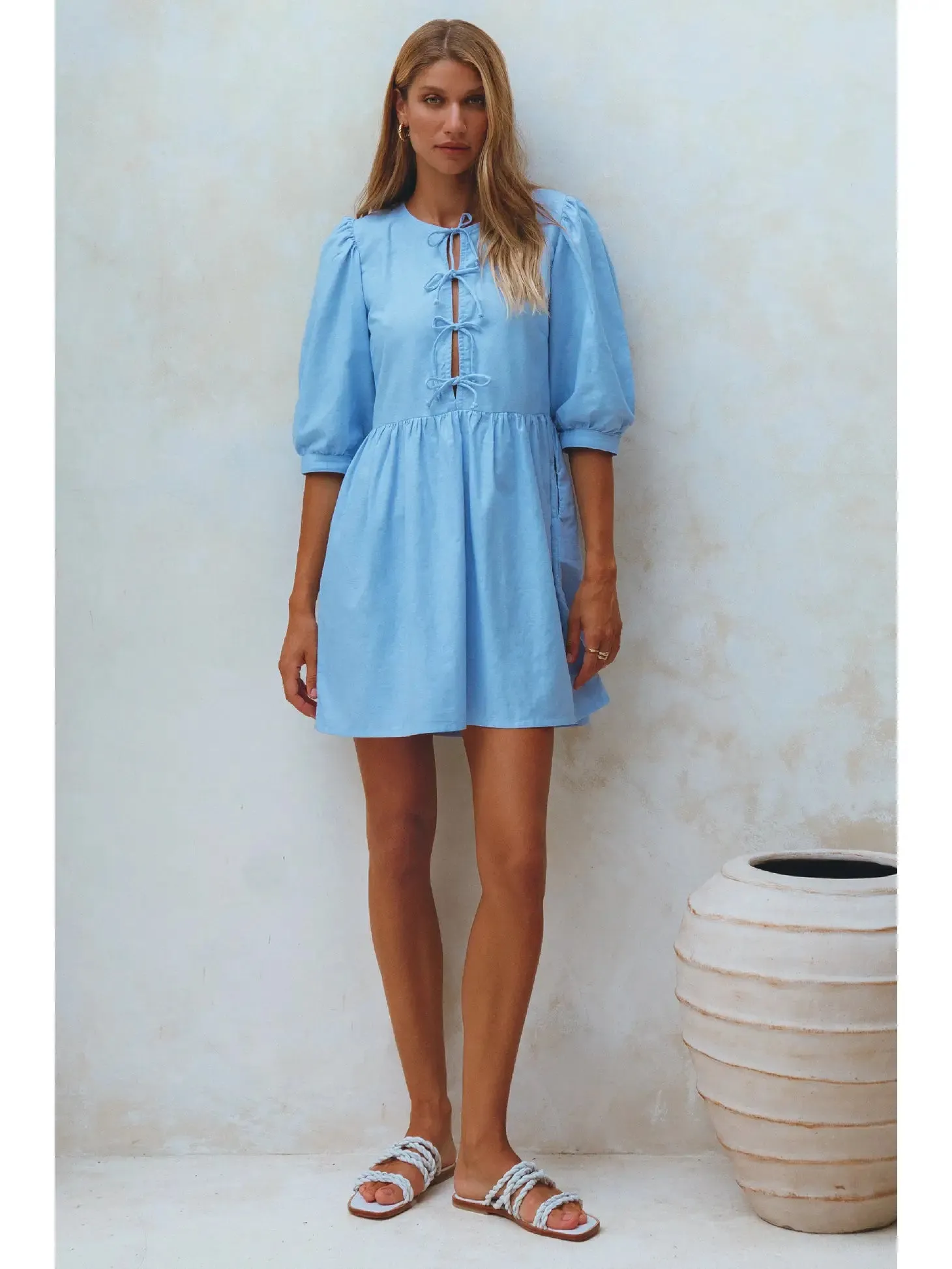 Blue Bow Front Puff Sleeve Linen Mini Dress