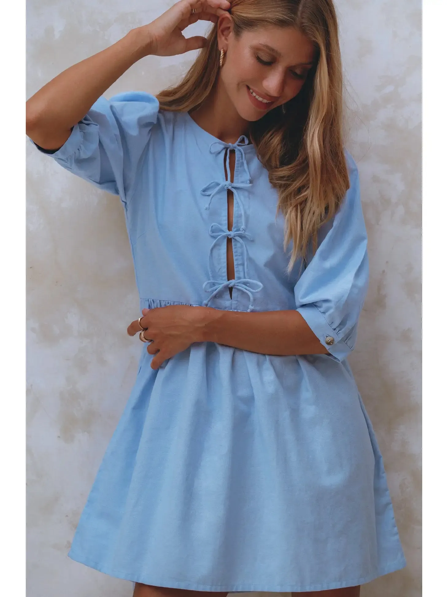 Blue Bow Front Puff Sleeve Linen Mini Dress