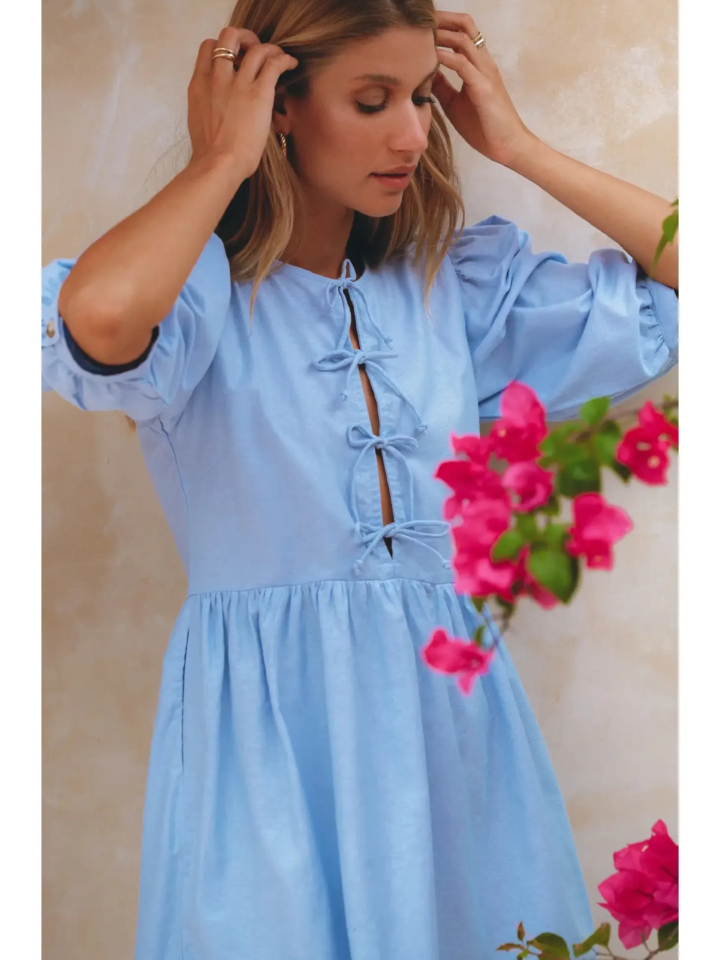 Blue Bow Front Puff Sleeve Linen Mini Dress