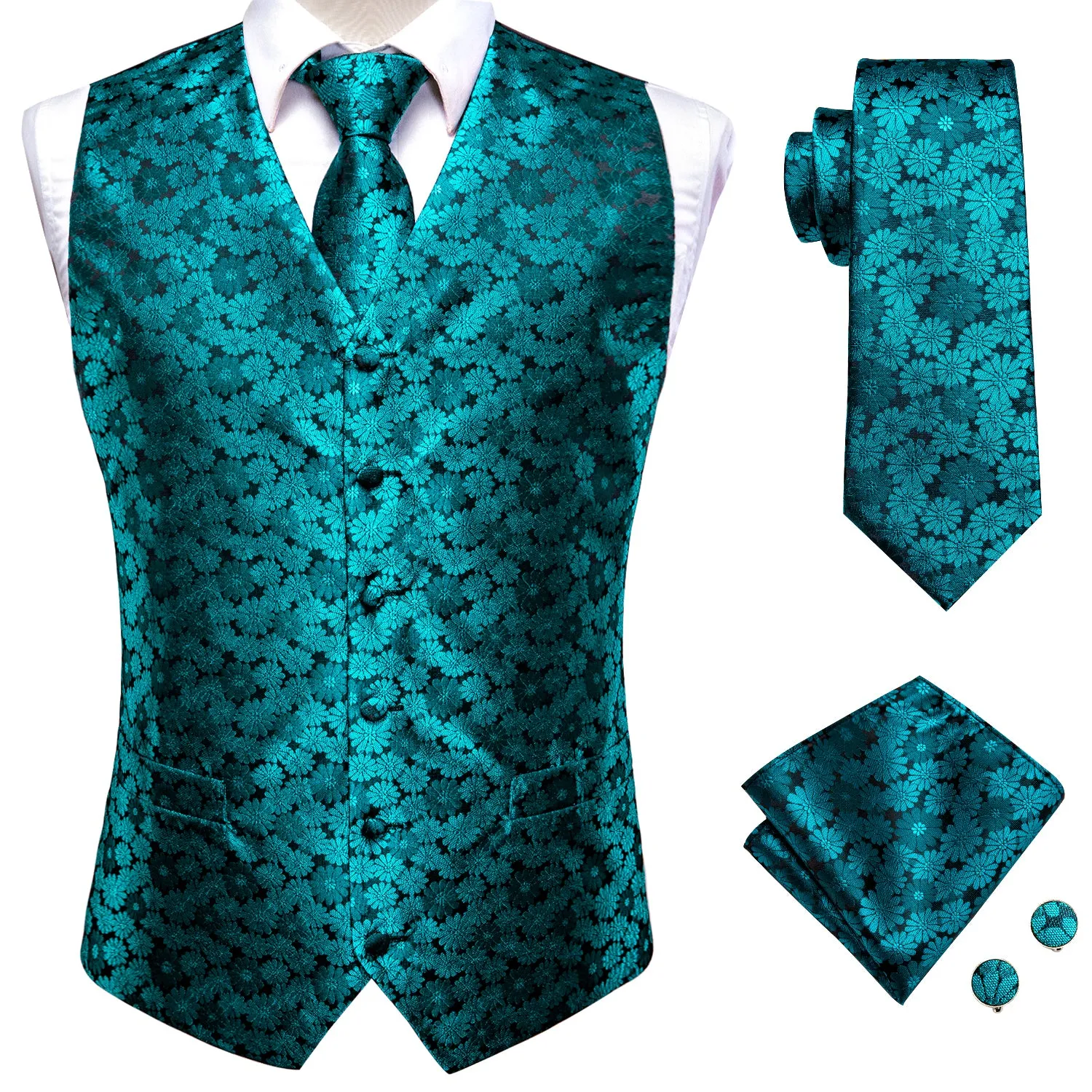 Blue Green Floral Silk Men's Vest Hanky Cufflinks Tie Set Waistcoat Suit Set