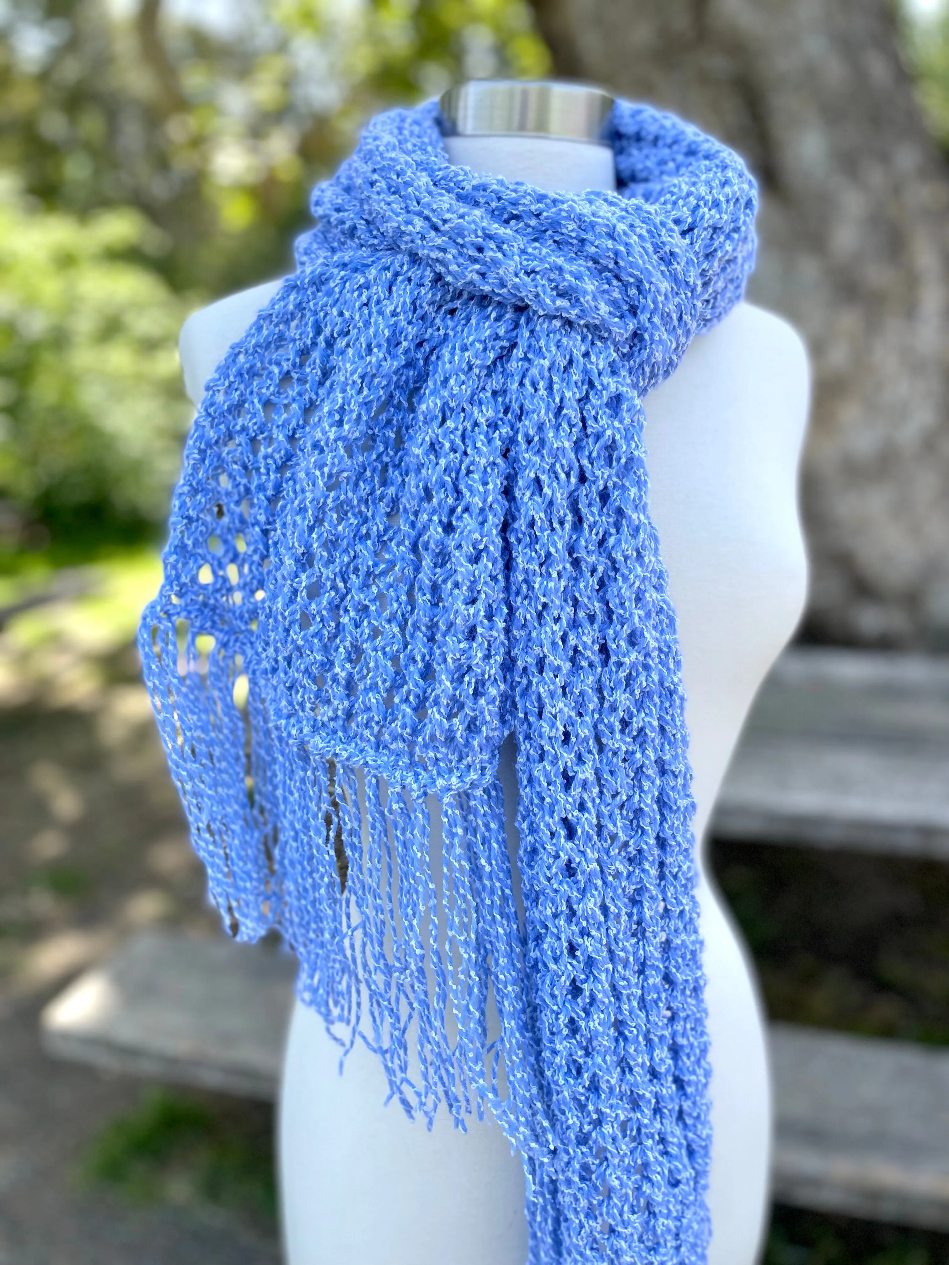 Blue Handmade Knitted Scarf for Women with fringe