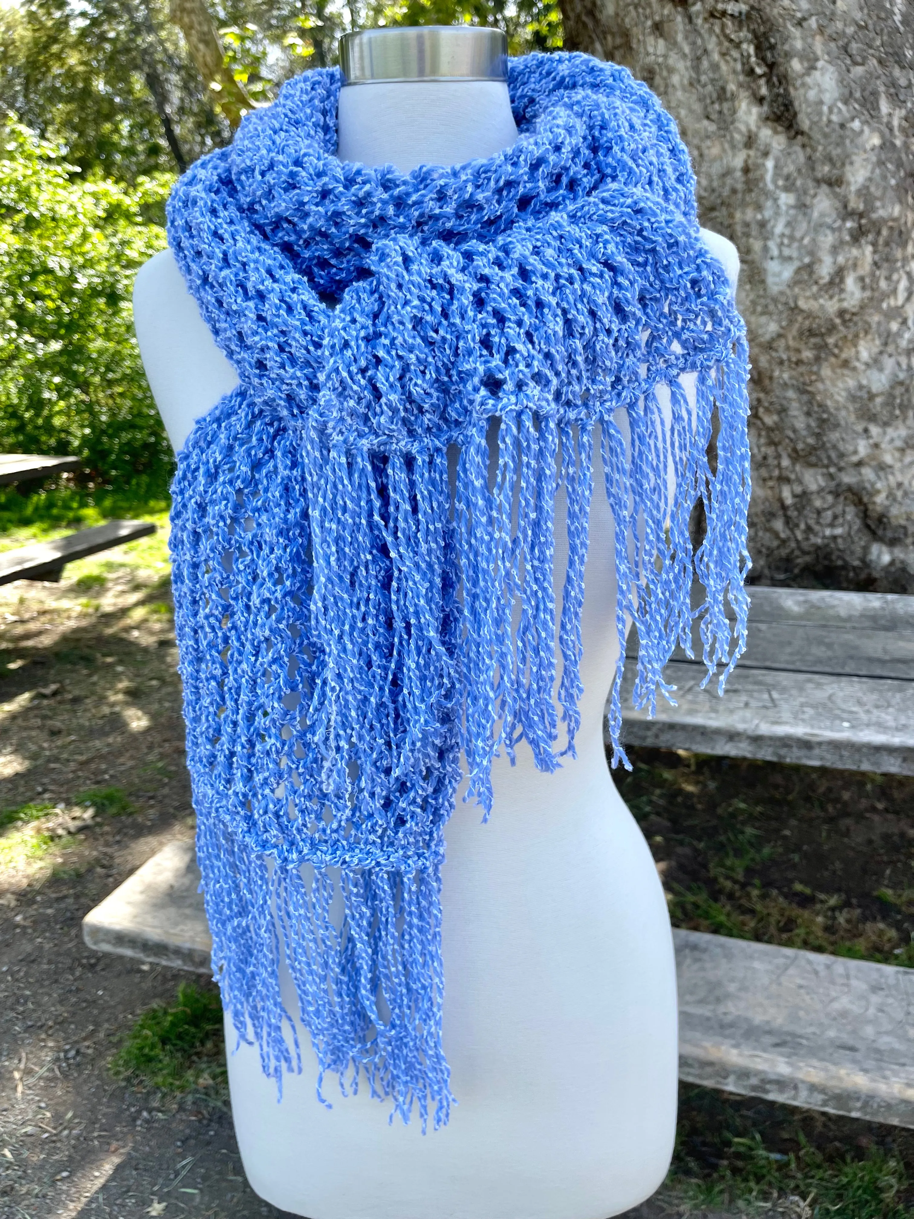 Blue Handmade Knitted Scarf for Women with fringe