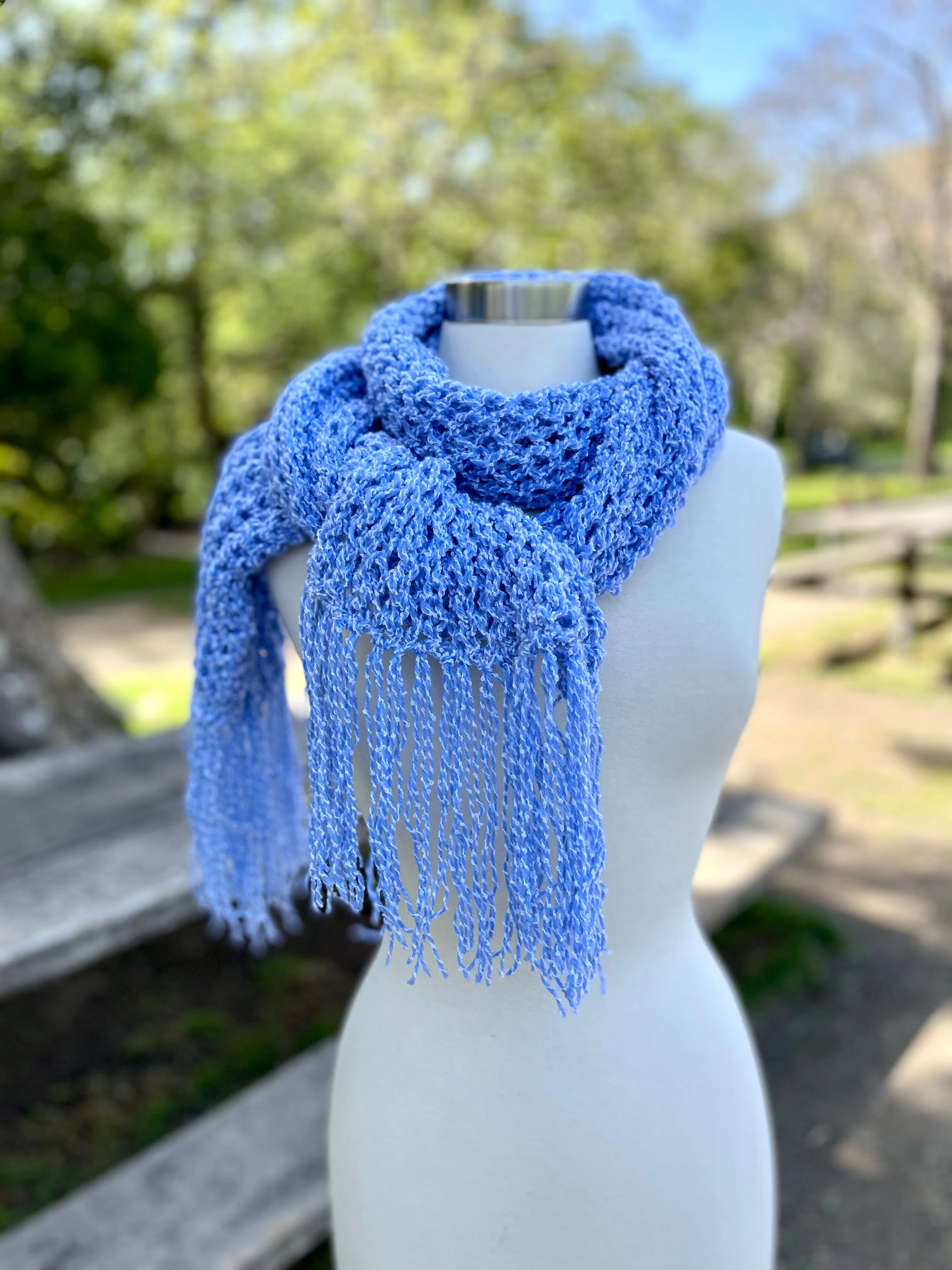 Blue Handmade Knitted Scarf for Women with fringe