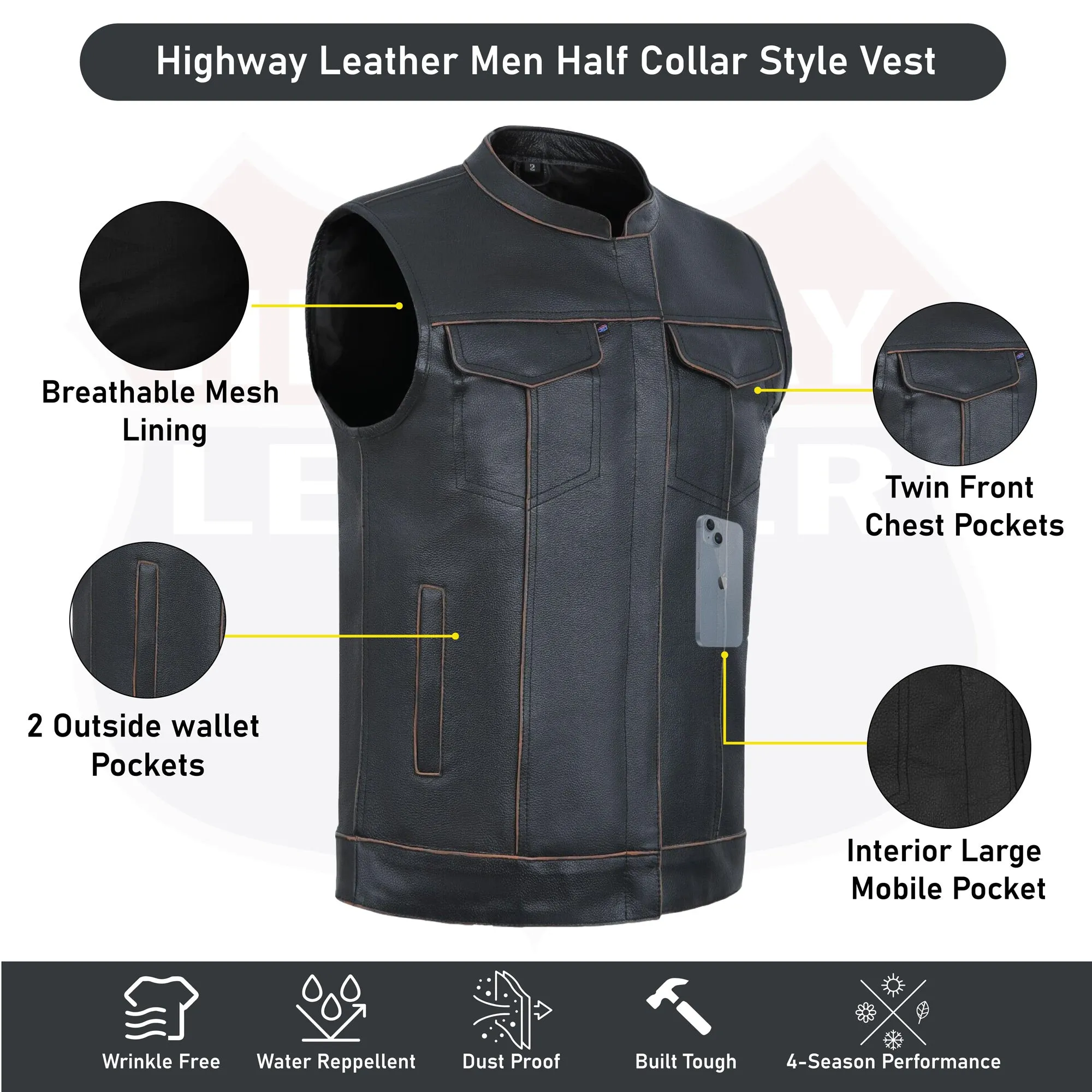 BROWN HL11689RUB SOA Men's Rub Buff Leather Vest Anarchy Motorcycle Biker Club Concealed Carry