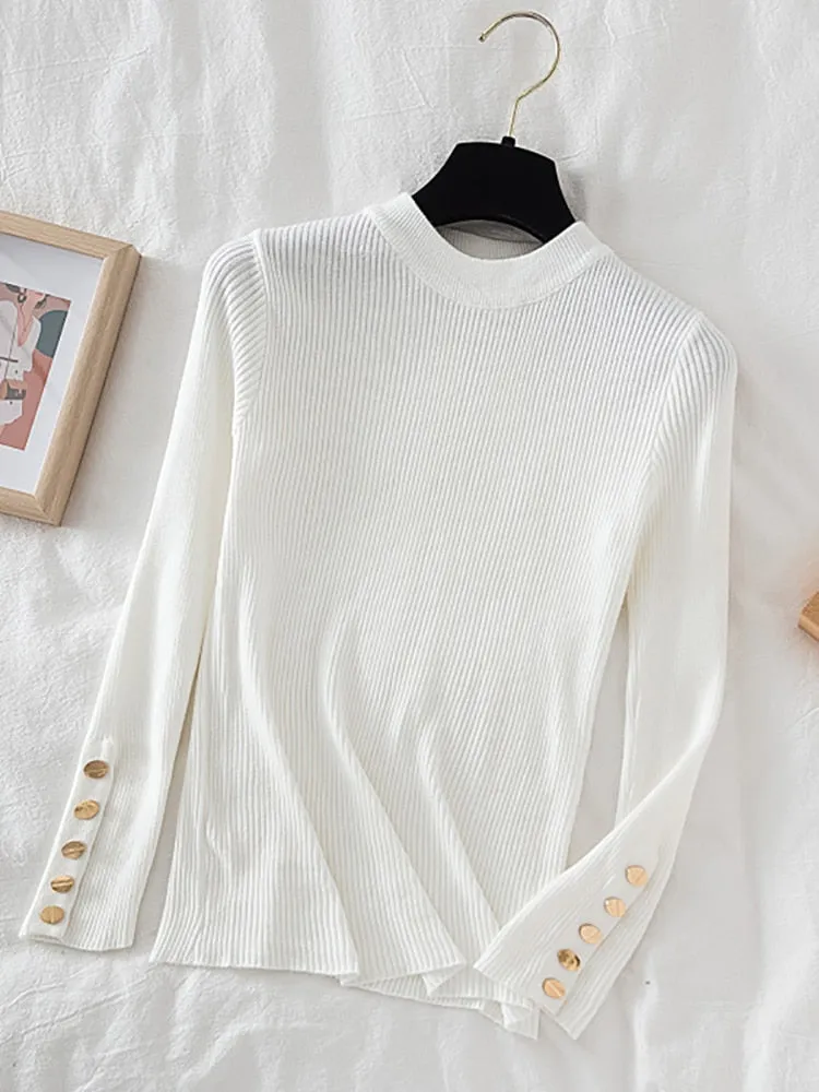 Button detail on sleeve round-neck knit top jumper