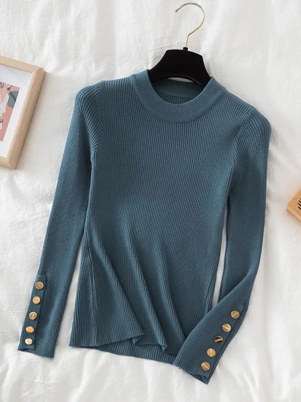 Button detail on sleeve round-neck knit top jumper