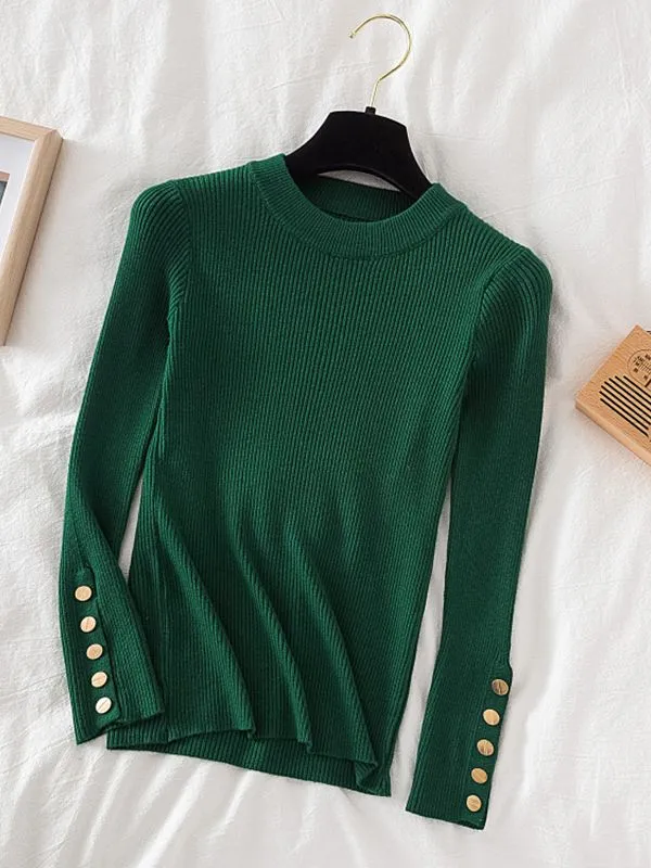 Button detail on sleeve round-neck knit top jumper