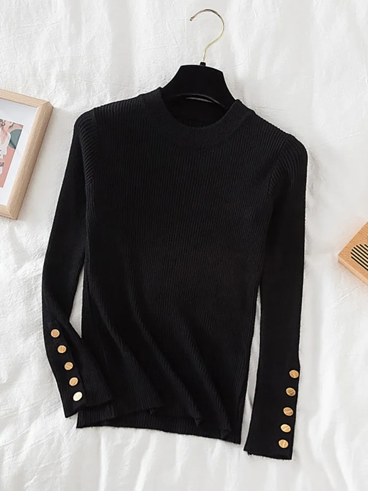 Button detail on sleeve round-neck knit top jumper