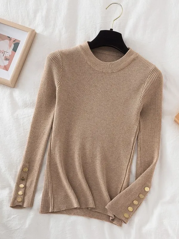 Button detail on sleeve round-neck knit top jumper