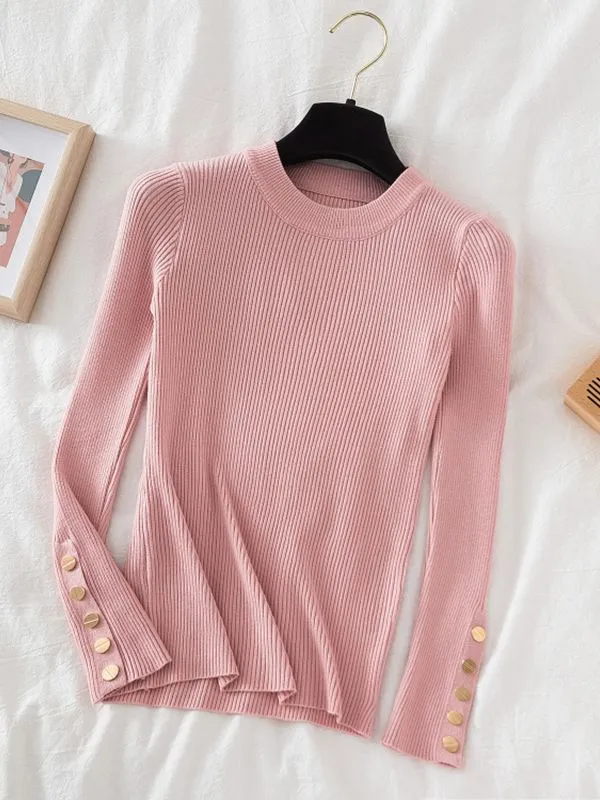 Button detail on sleeve round-neck knit top jumper