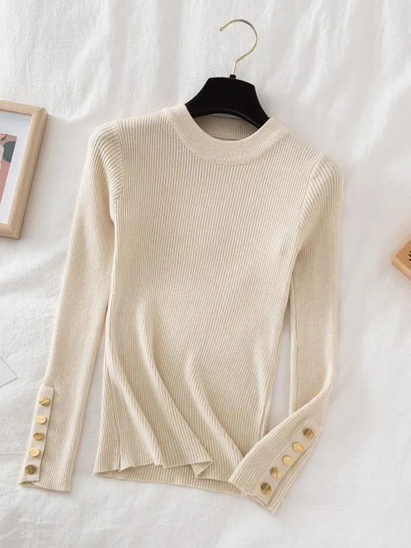 Button detail on sleeve round-neck knit top jumper