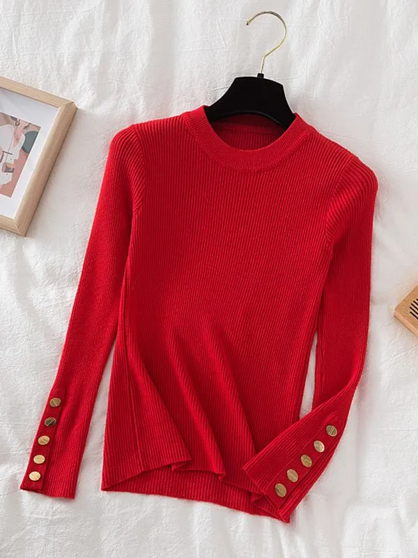 Button detail on sleeve round-neck knit top jumper