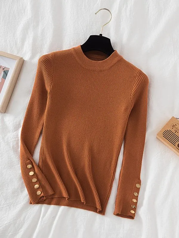 Button detail on sleeve round-neck knit top jumper