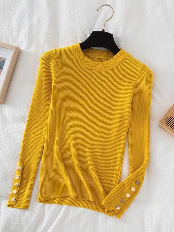 Button detail on sleeve round-neck knit top jumper